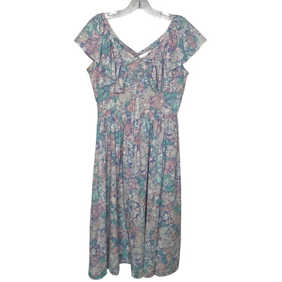 Vintage Lerner Pastel Floral Ruffle Midi Dress Made in USA cottagecore medium - Picture 3 of 14